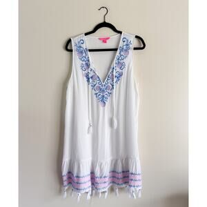 Lilly Pulitzer White Blue Pink Seashell Embroidered Totti Coverup Dress Large